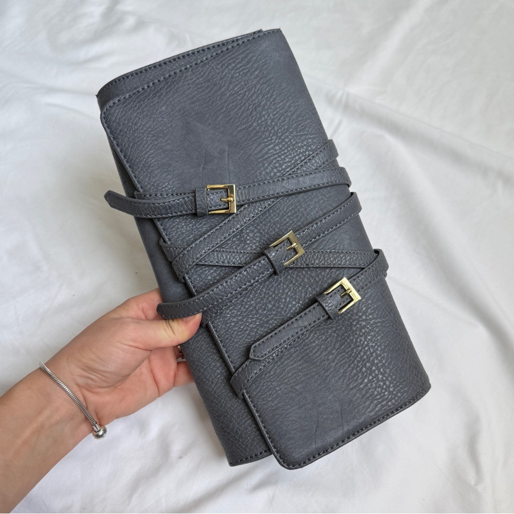 Super cool  Gray Clutch with Textured Design and buckle design and Gold Hardware